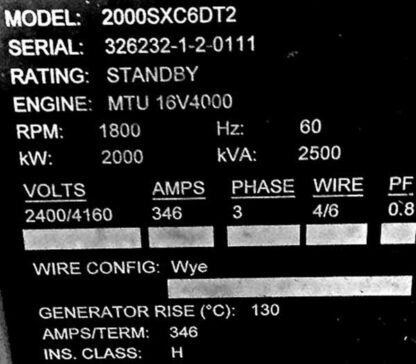 2000kW MTU SX2000C6DT2 4160V Diesel Generator